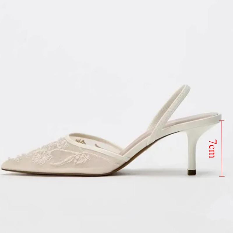 Fashion 2025 New Black Woman Embroidered Mesh Open Heel Shoes Fashion Print Stiletto Women High-heel Pumps Sexy Pointed End Sandals