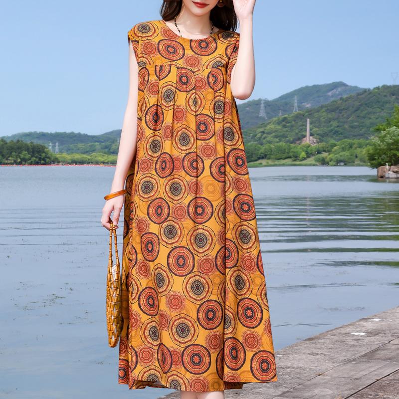 Casual Beach Dresses for Woman Plus Size Loose Vintage Print Long Sleeveless Dress Summer Women's Clothing