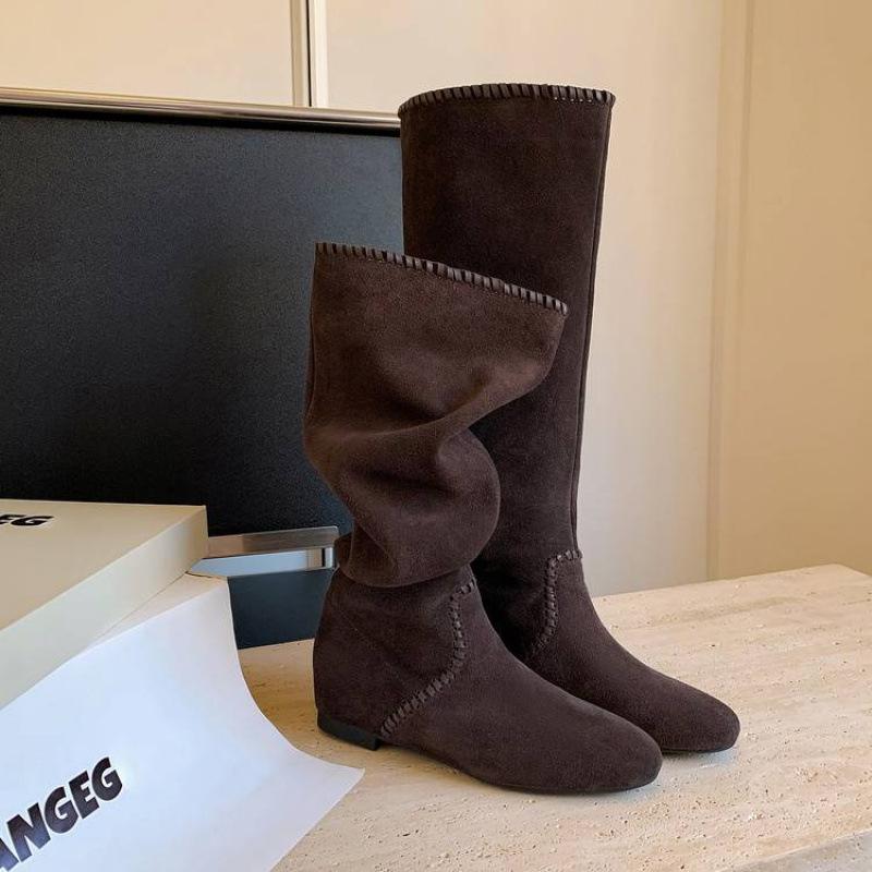 

New women s leather boots solid color round head low heel large size women s boots sleeve genuine leather fashion boots autumn and winter cowhid 39 темно-коричневого