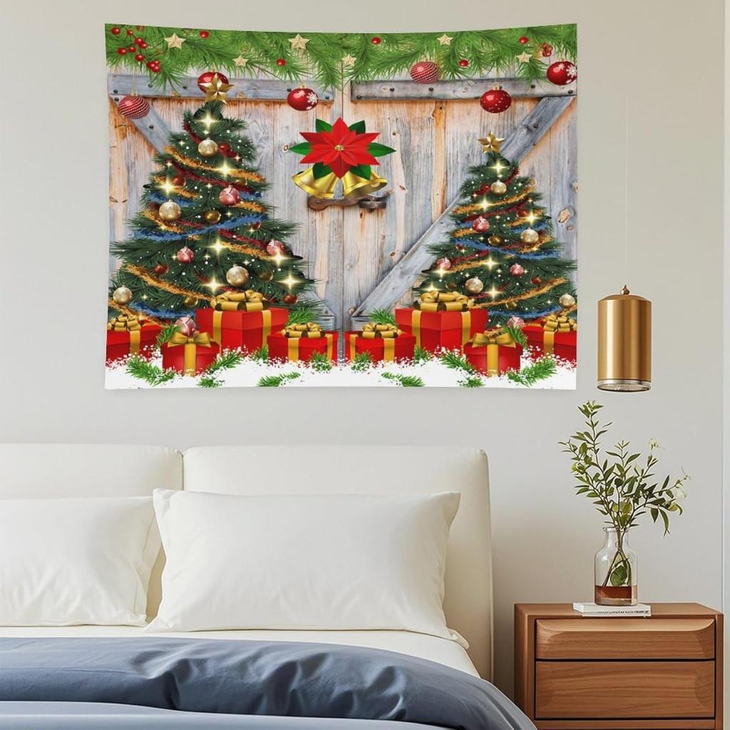 Christmas Studio Tapestry Wall Hanging Christmas Wooden Doors Windows Winter Snow Scene Xmas Trees Gifts Art Wall DecorChristmas