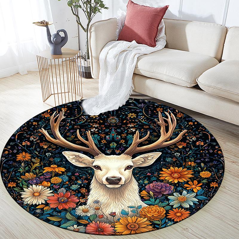 Deer Floral Round Area Rug,Carpet Rug for Living Room Bedroom Sofa Playroom Decor,Non-slip Floor Mat