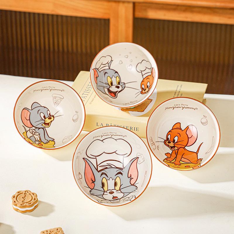 Tom & Jerry Ceramic Bowl and Plate Set: Cartoon Underglaze Color, Heat-Resistant, High-Value Tableware.