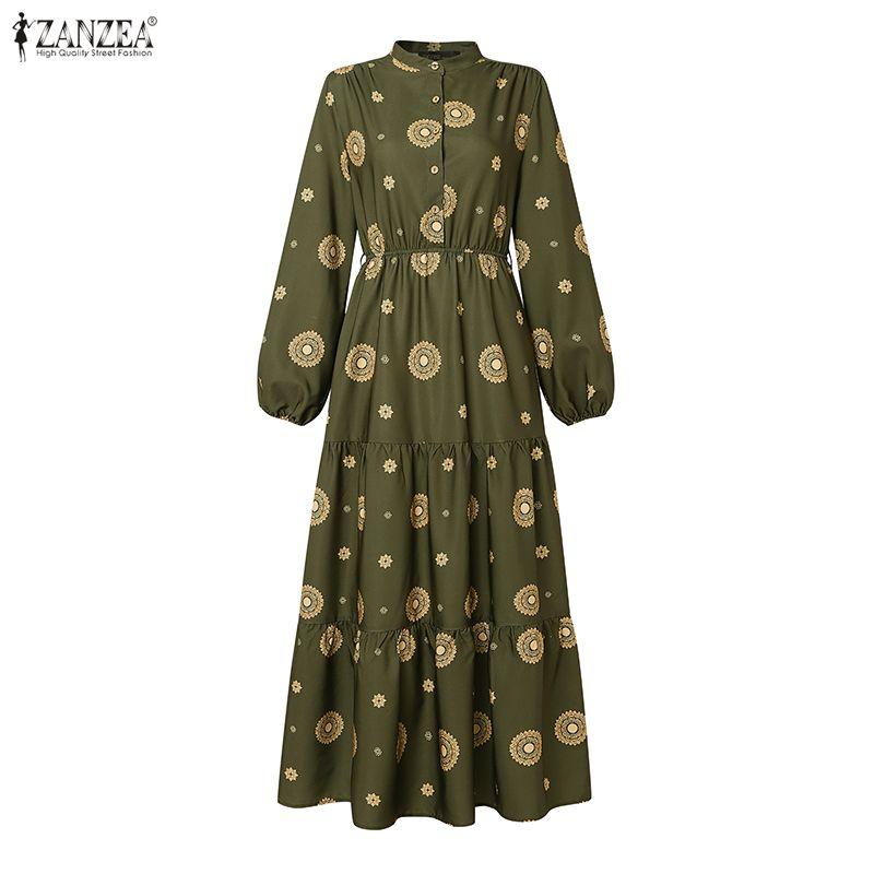 ZANZEA Women Lantern Sleeve Stand Collar Belted Waist Floral Print Pleated Hem Casual Holiday Long Dress