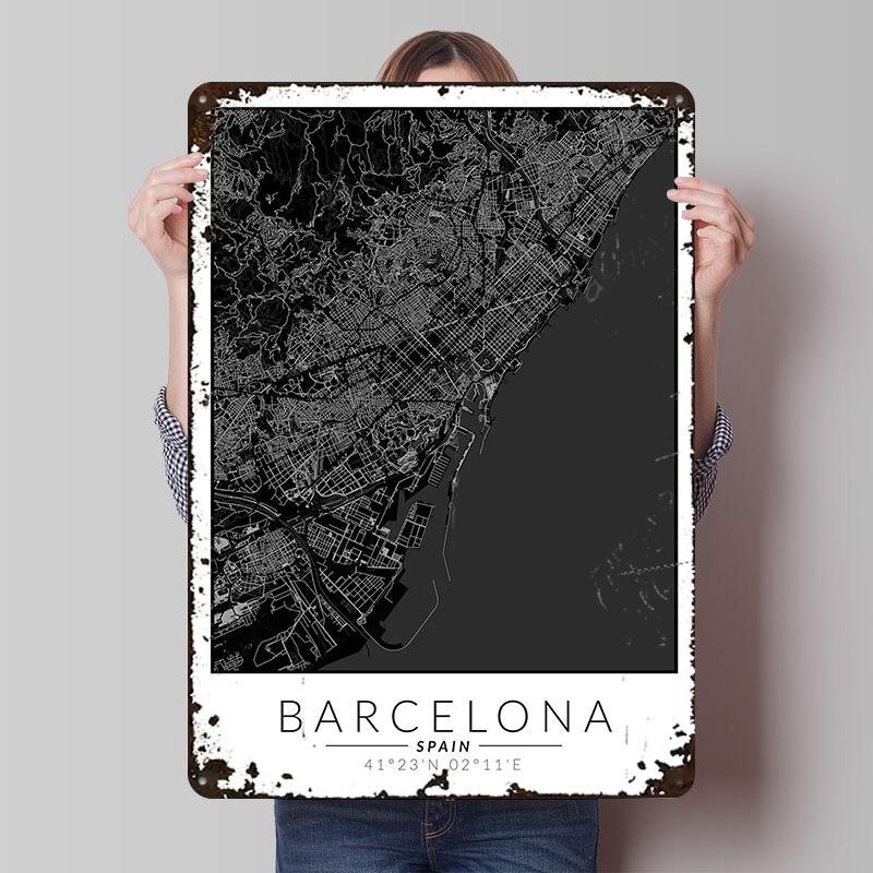 Barcelona Karte Blechposter Benutzerdefinierte Wandkunst Vintage Metallschilder Retro Blechschild für Moderne Hausdekoration Luxushaus