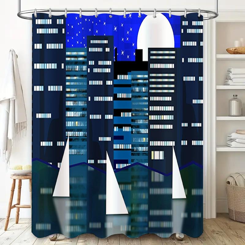 Blue Moon Cityscape Shower Curtain Modern Urban Design for Bathrooms Decor, Customizable Size Available (No spaces or symbols al