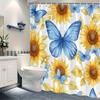1pc Vibrant Blue Butterfly and Sunflower Shower Curtain - Polyester Fabric, Machine Washable, Suitable for Bathroom Decoration