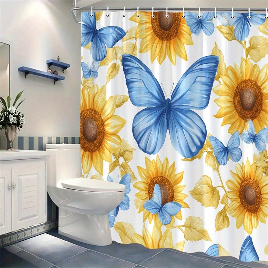 1pc Vibrant Blue Butterfly and Sunflower Shower Curtain - Polyester Fabric, Machine Washable, Suitable for Bathroom Decoration