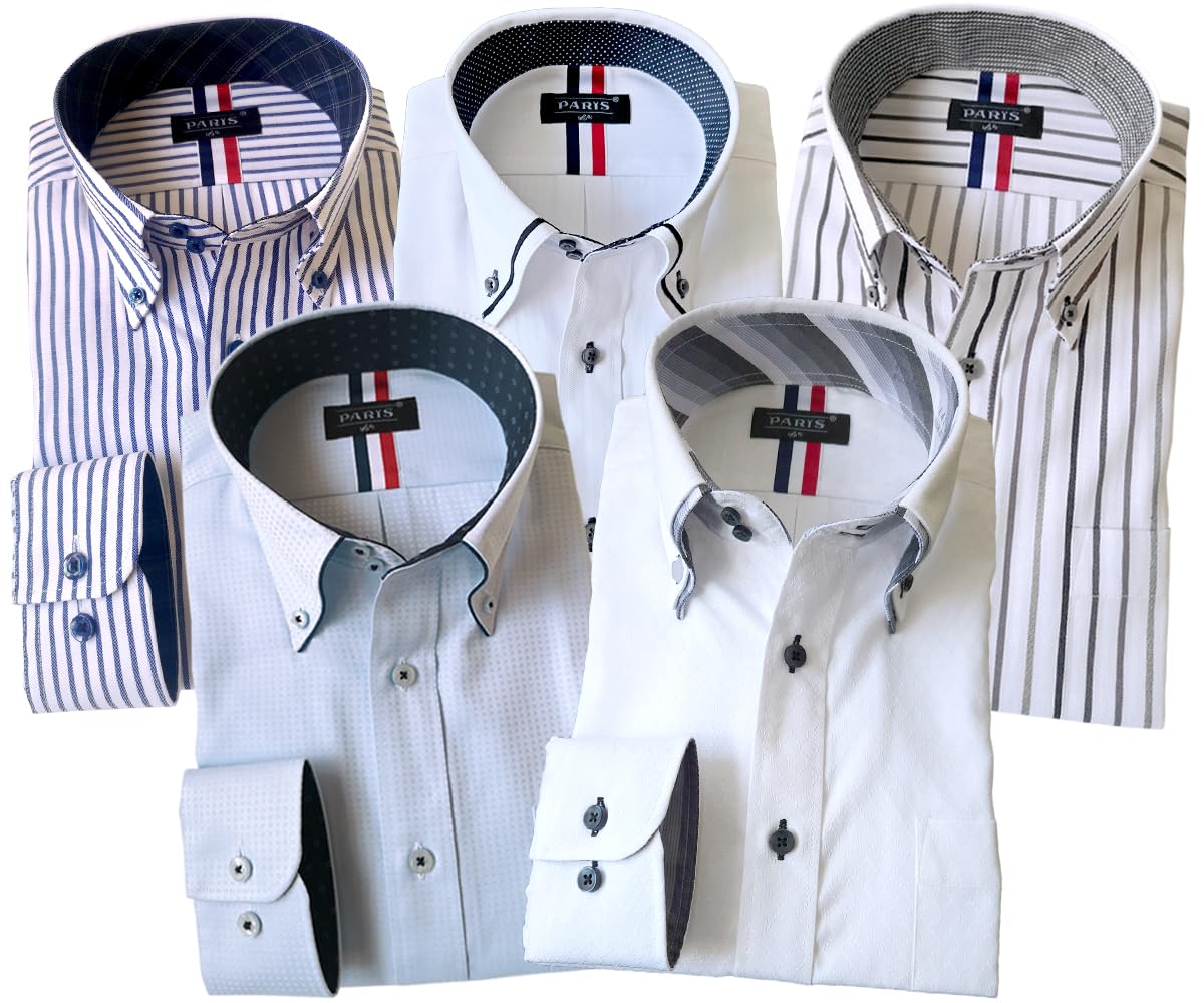

[Paris 16k] Men s Long-Sleeve Wrinkle-Resistant Button-Down Shirts, Double Bottoni Cutaway, 5-Pack, Size 5 (M)