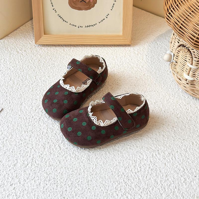 

Girls small leather shoes 2025 spring and autumn new children s pastoral polka dot breathable single shoes Velcro versatile soft-soled shoes 34 коричневый