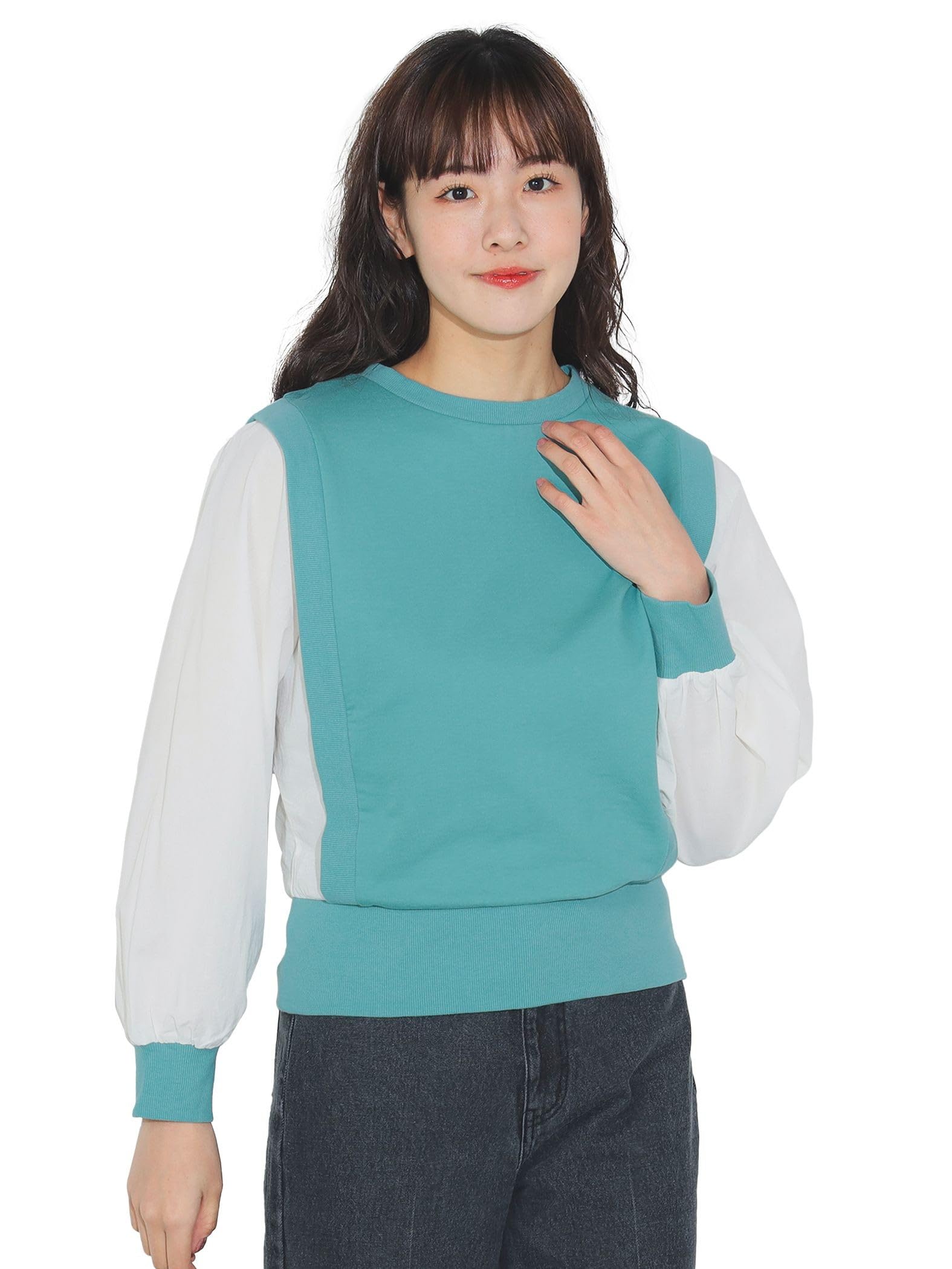 

TEE Fluffy Sleeves Different Materials Switching Pullover MINT ONE SIZE [Beams Heart] L/S Women s