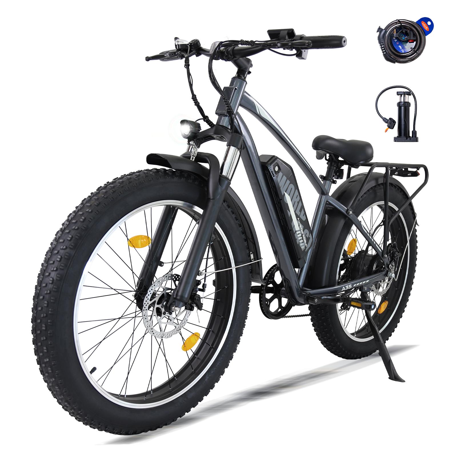 AVDL A35 Elektrisches Schnee-Offroad-Fahrrad für Erwachsene 250W 48V15.6Ah Akku 26 Zoll Breite Fat Tire Mountain E-Bike für Outdoor-Cross-Country-Fahrradfahren grau