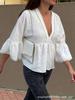 New Arrival: Linen V-Neck Doll Shirt with Lace Flare Sleeves in Solid Colors