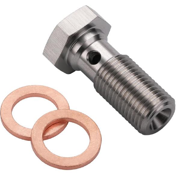 M10x1.0 Metric Stainless Steel Single Banjo Bolt Brake Fitting Adapter 20mm Long with Copper Washers