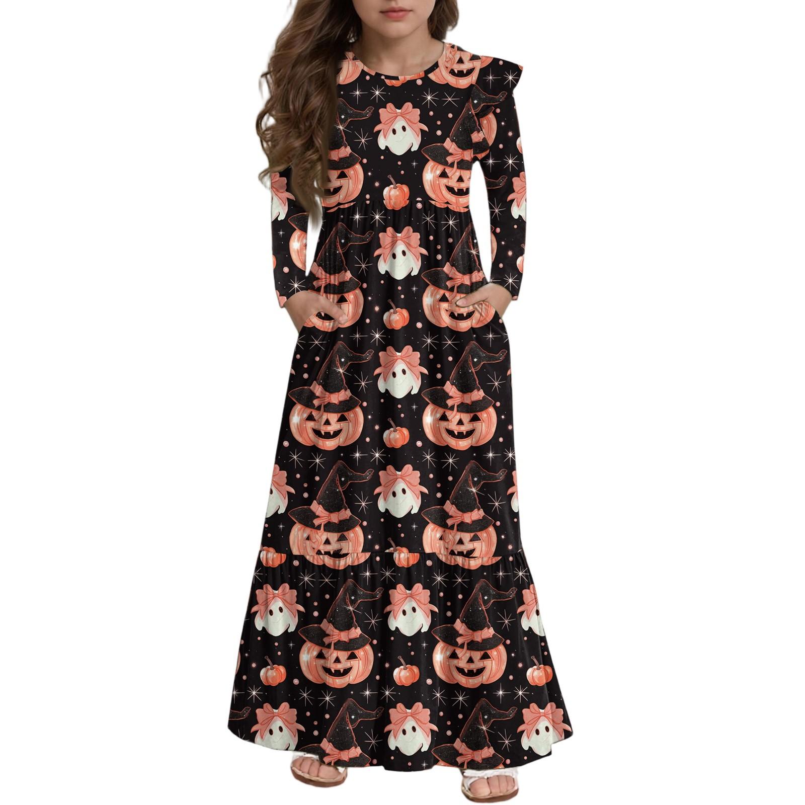 

Girls Tiered Ruffle Dress Halloween Day - Long Sleeve Printed Maxi With Pockets 110