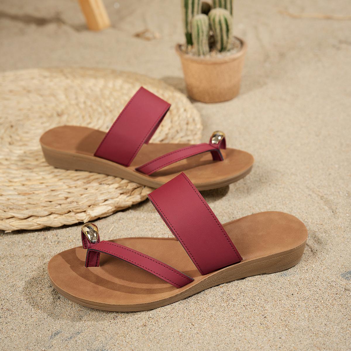 

Fashion Casual Metal Decoration Clip Toe Slippers Women 2025 Summer Vintage Soft Sole Beach Shoes Plus Size Low Heels Slip On Sandals 41 красный