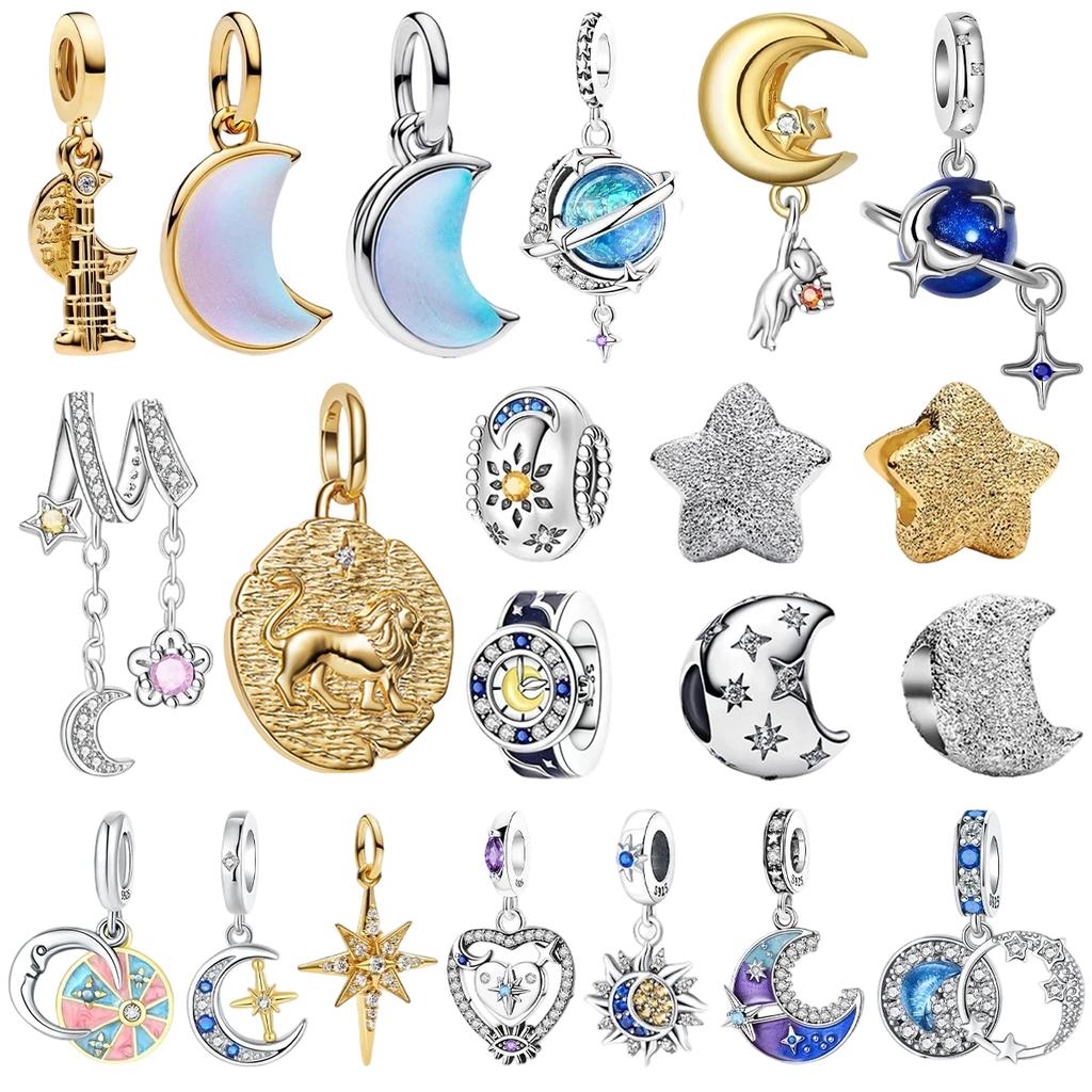 925 Silver Star Moon Charms Earrings Pendant Beads Fit Bracelet Necklace DIY Fine Jewelry Gift for Women