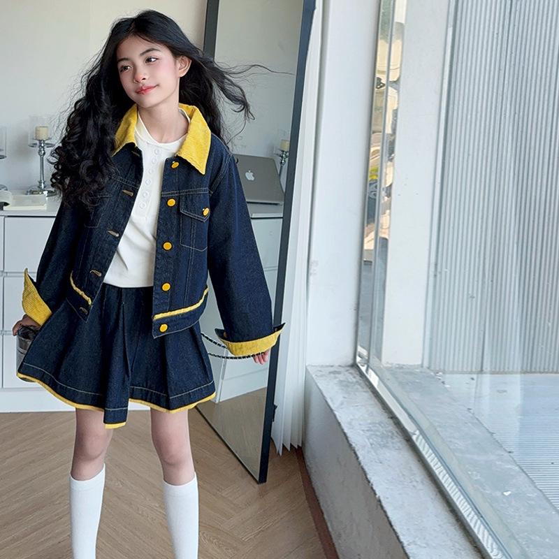 

Girls Korean Style Denim Set - Stylish Spring/Autumn Midi Skirt for Older Kids 140 cm