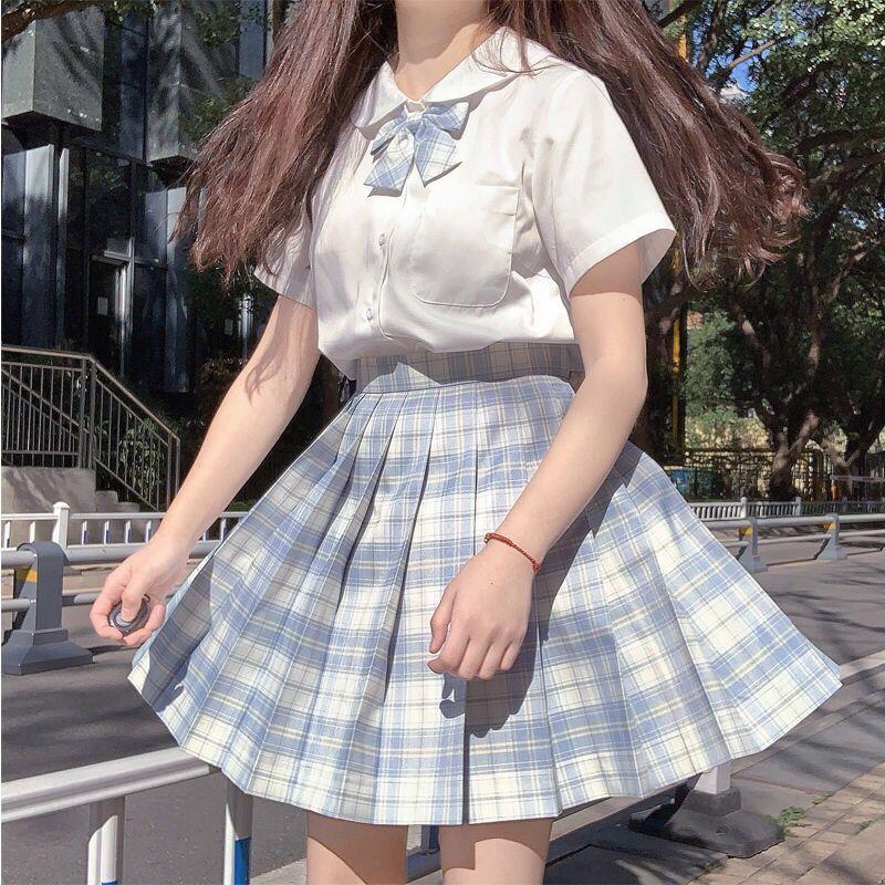 JK Skirts Women Summer High Waist Skirts Korean Style Pleated Skirts for Girls Cute Sweet Ladies Plaid Mini Skirt Shirt Bow Tie Women Set
