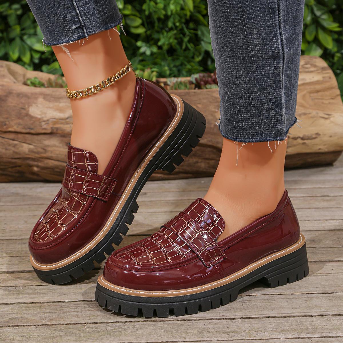 Casual Patent Leather Print Solid Loafers Shoes for Women Spring Autumn  Round Toe Women s Loafers Square Heel Shoes Woman 36