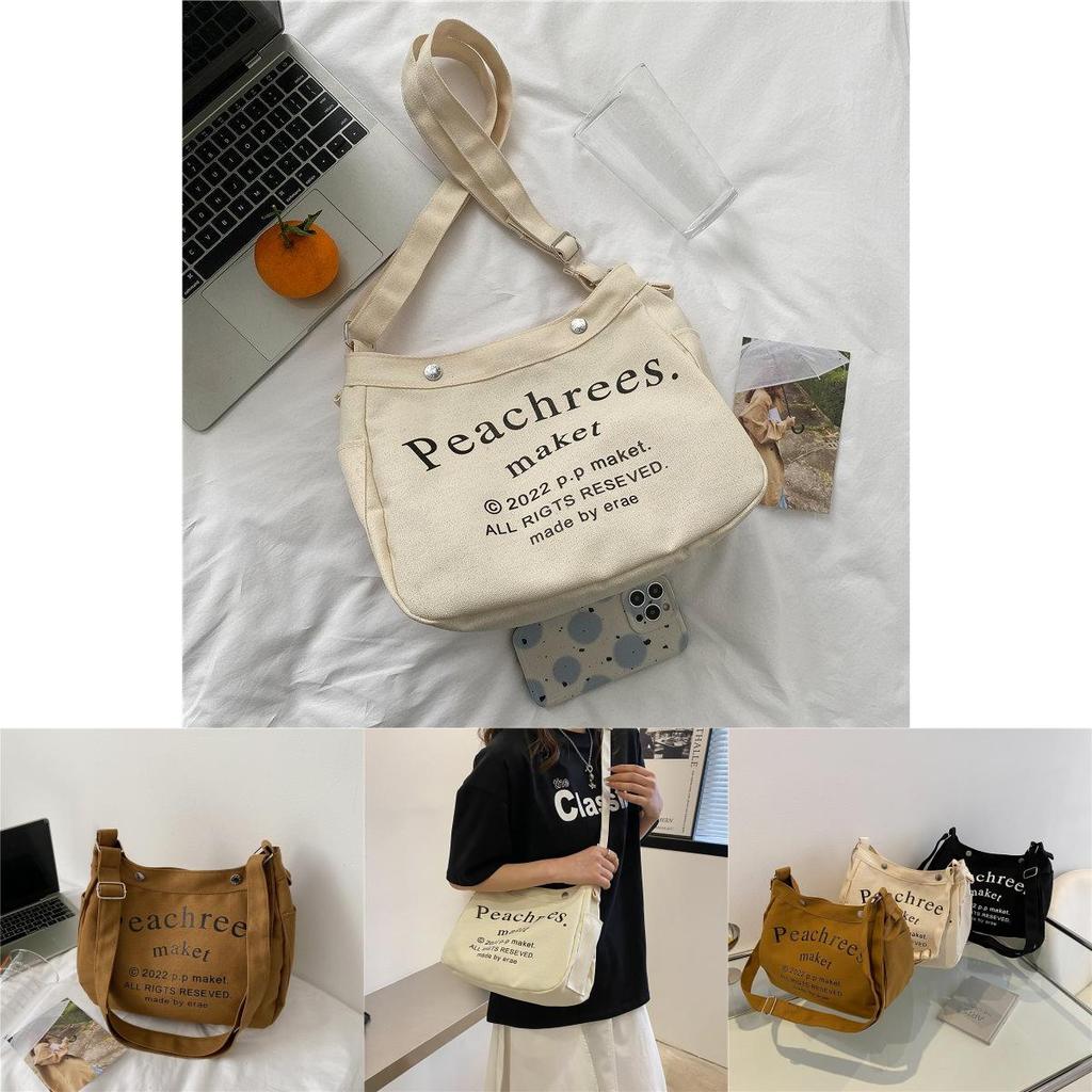 Stylish Korean Vintage Canvas Tote Bag For Women With Spacious Capacity And Trendy Lettering In Cream Brown Or Black