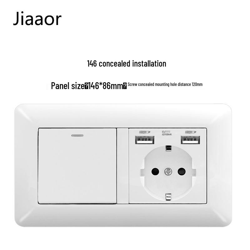 16A White German-Style Double Gang Wall Socket Panel with USB & Type C, European Standard.
