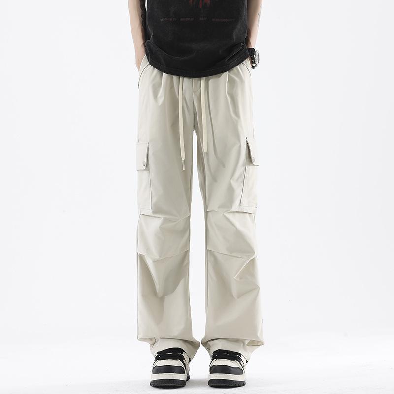 Summer new cool and breathable tooling casual pants thin men's fashion loose straight elastic waist long pants