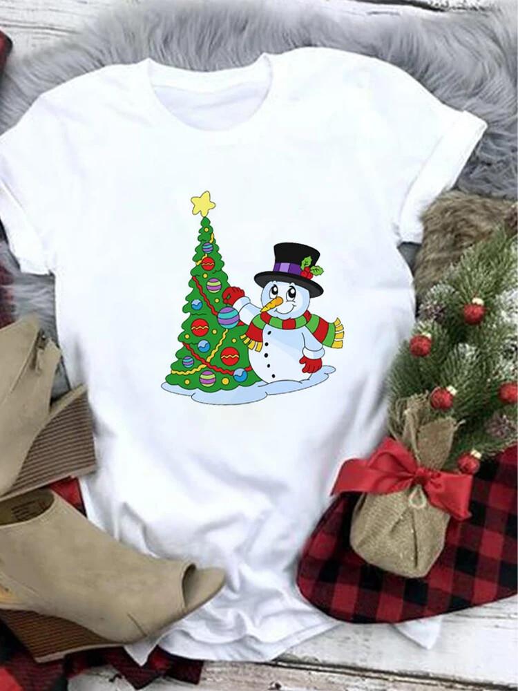 Santa Clause with Gifts Merry Christmas T Shirt Print Tees Short Sleeve Fashion