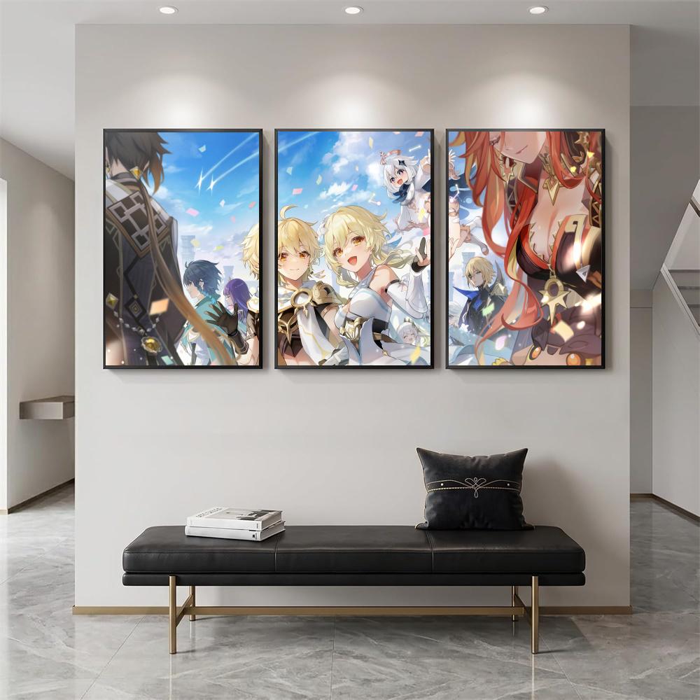 Lumine Genshin Impact Painting Calligraphy 3 PCS Canvas Wall Art for Living Room Bedroom Prints Decor Modern Wall Decals