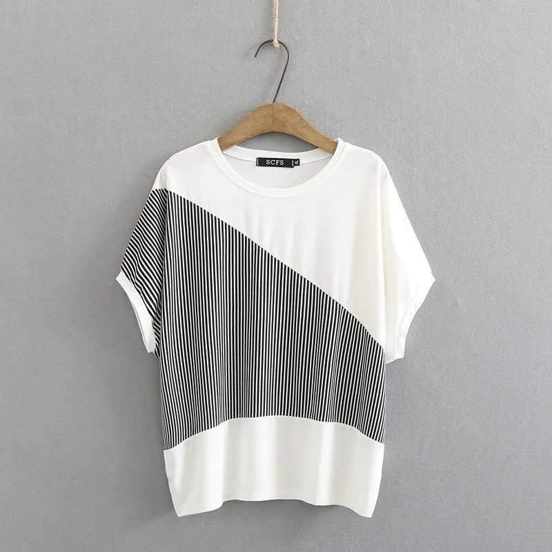 

Женская летняя полосатая футболка Color Collision с коротким рукавом, студенческий свободный повседневный топ с круглым вырезом 3XL белый