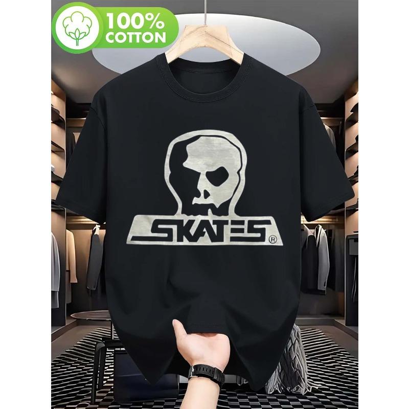 

Men S Vintage Skateboard Graphic Tee with Black Skull And Skateboard Design, Loose Fit for Streetwear, Machine Washable, Casual, Outdoor S чёрный