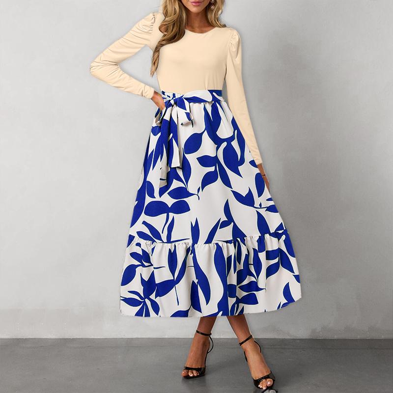 

VONDA Женские винтажные платья А-силуэта с круглым вырезом и контрастным длинным рукавом с цветочным принтом 5XL синий