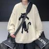 Men's Cute Cat Pattern Sweater Loose Crew Neck Knitted Pullover Long Sleeve Autumn Jumper Winter Warm Clothes
