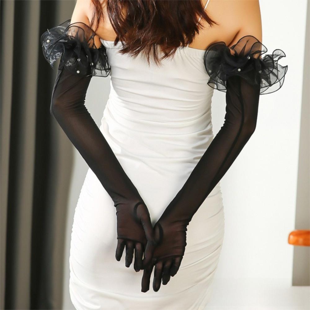 Lace Pearl Etiquette Gloves Perspective Sunscreen Sleeves Fashion Long Gloves  Wedding Dress