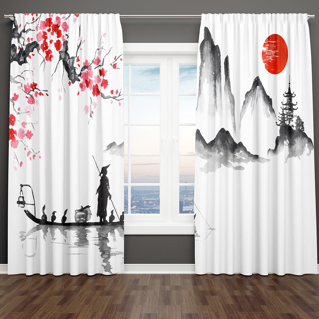 Japanese Lnk Painting Landscape Plum Blossom Fairy Crane Free Shipping 2Pieces Thin Window Curtain for Living Room Bedroom Decor