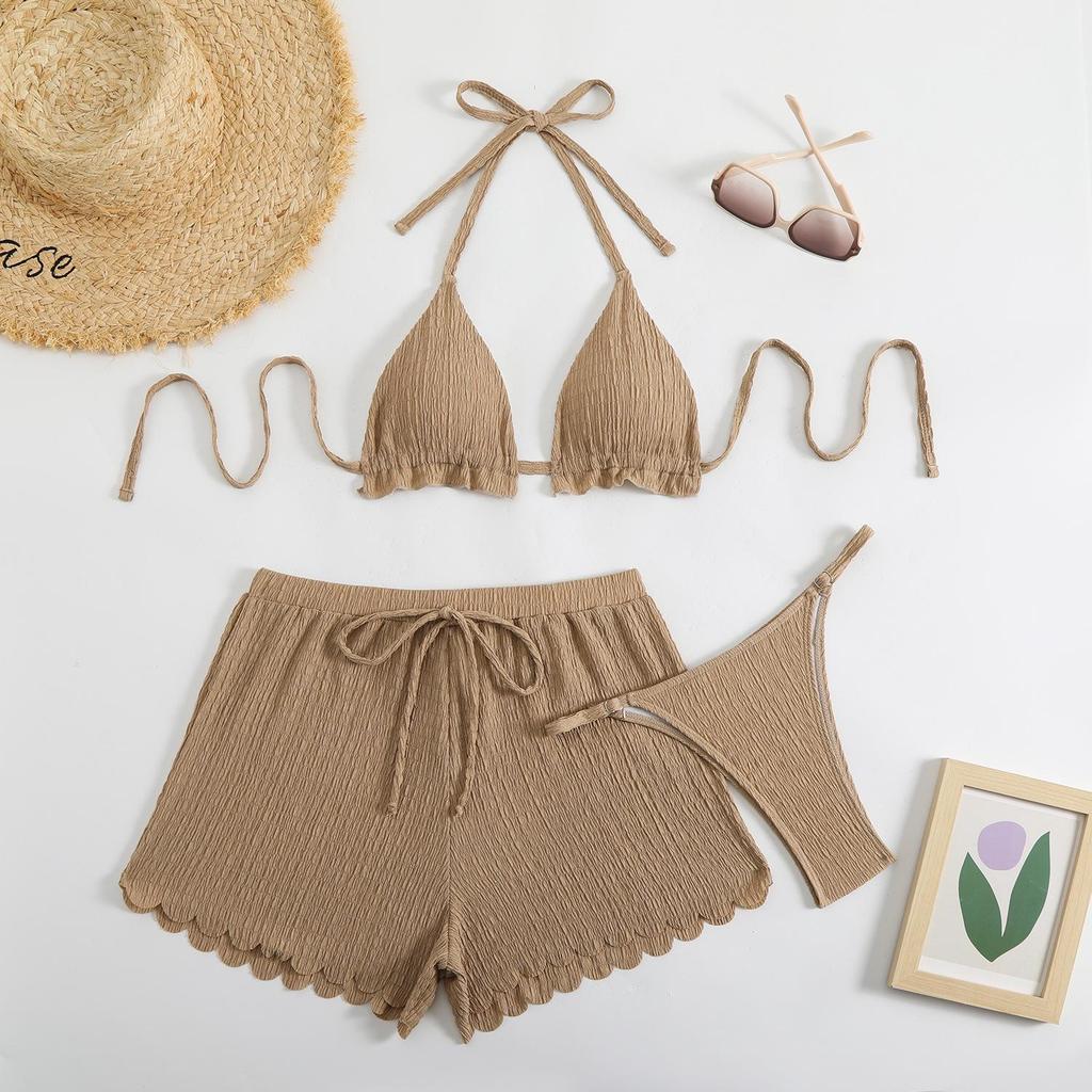 2025 Trendy Solid Color Sexy Halter Bikini Three-Piece Set