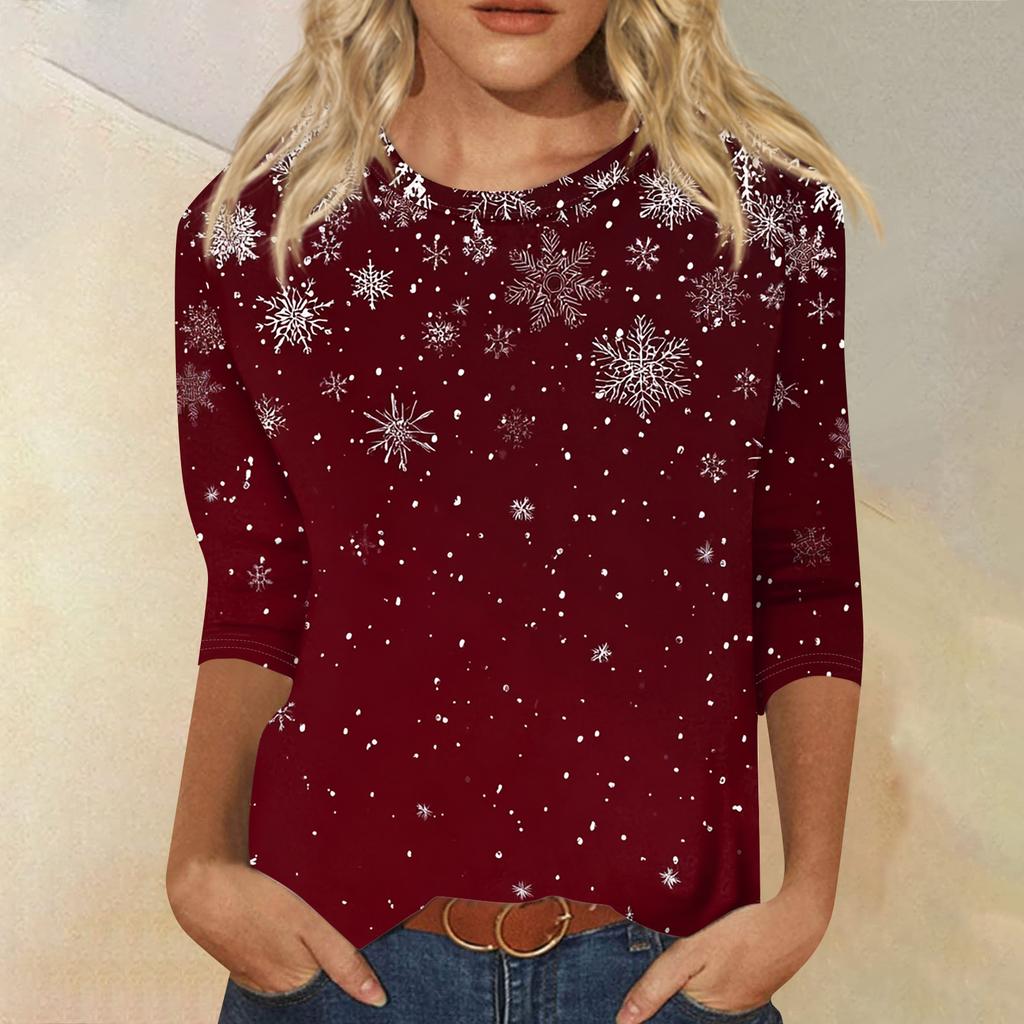 Women's Fashion Casual Christmas Tree Printed Round Neck Three-Quarter Sleeve T-Shirt Top