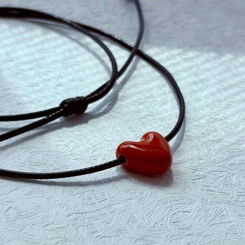 Retro Fashion Long Black Braided Cord Heart Pendant Necklace For Women Niche Minimalist Choker Jewelry Valentine'S Day Gift