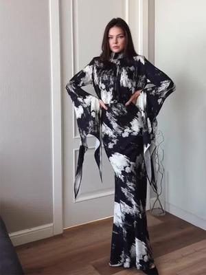 2025 Spring Slimming Tie-Up Satin Print Irregular Design Long Dress