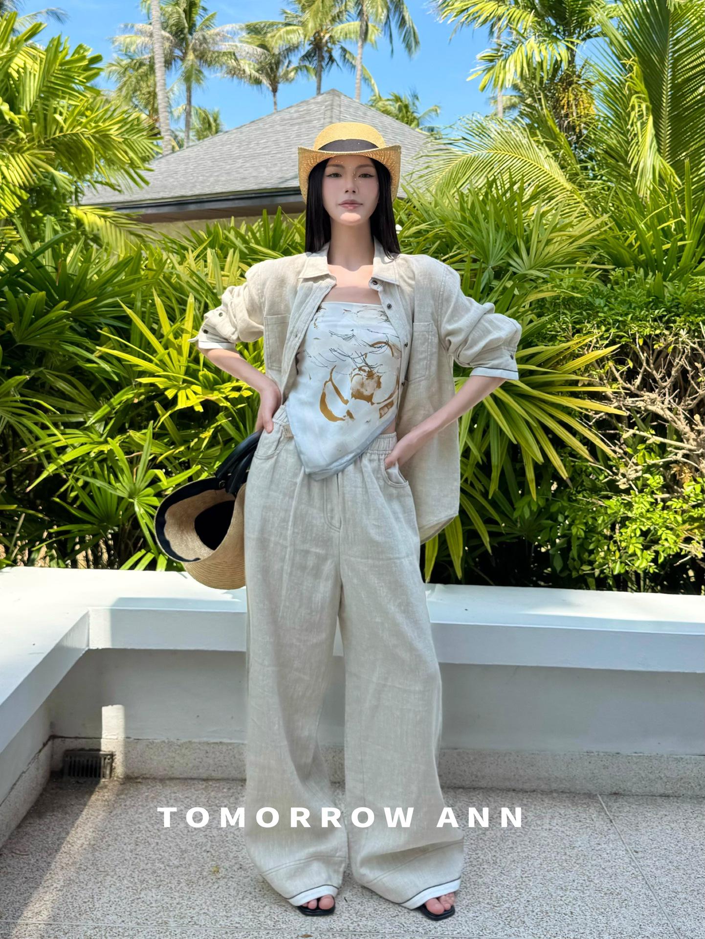 TomorrowAnn Beaded Linen Wide-Leg Long Pants - Women s Summer Retro Casual Small
