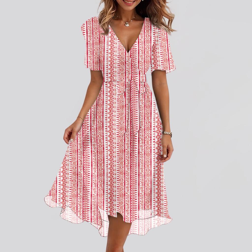 Women's Fashion Casual V Neck Short Sleeve Ruffled Vintage Printed Dresses