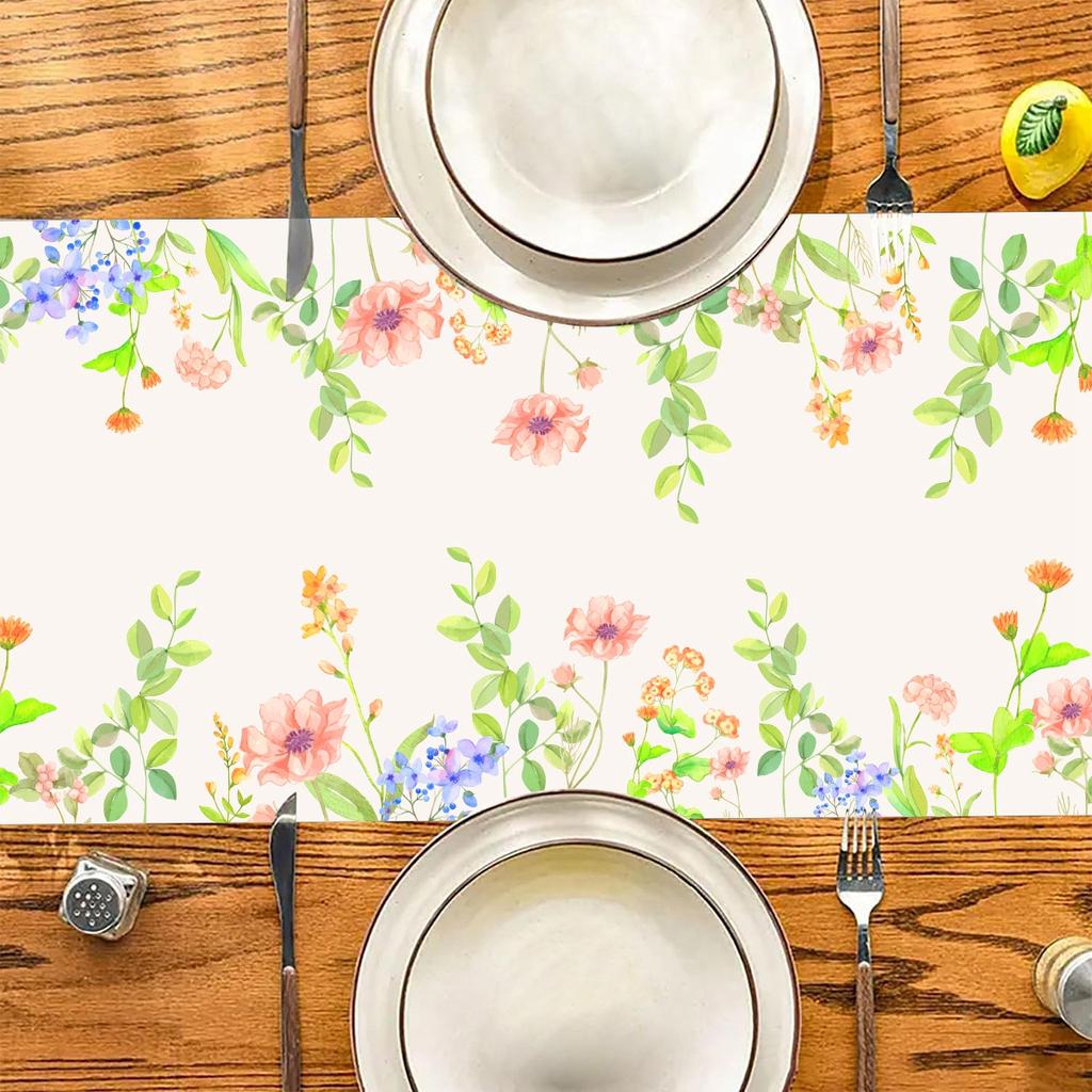 Spring Floral Watercolor Butterfly Colorful Wildflowers Burlap Linen Table Runners for Home Holiday Indoor Outdoor Wedding Party