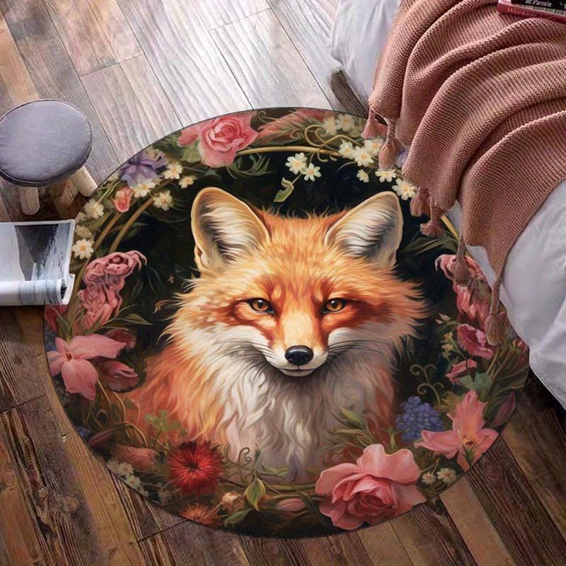 

Fox Floral Round Rug Crystal Velvet Floor Mat Animal Nature Art Decorative Home Bedroom Living Room Area Rug for Kids Teens 60cmx60cm
