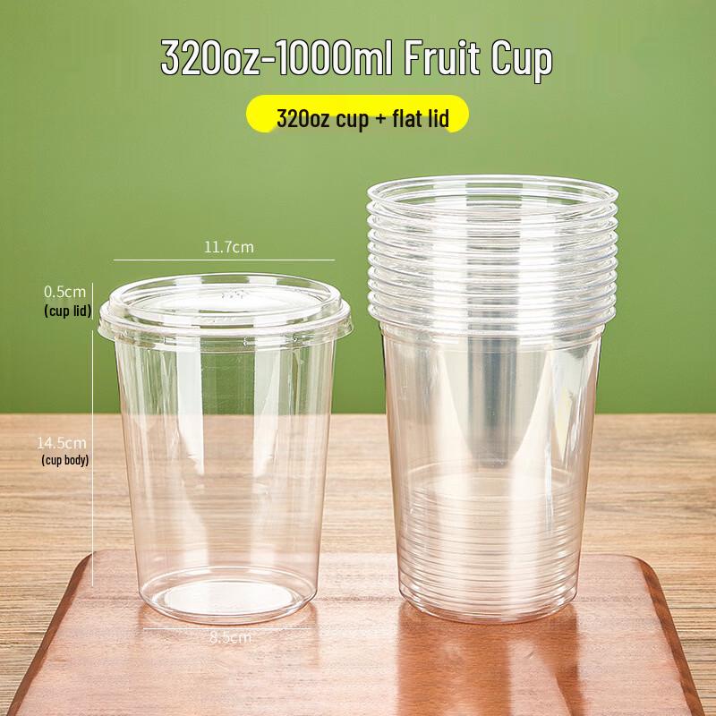Bo Zhen Jiang Chu 32oz Disposable Clear Plastic Fruit Cups with Flat Lids, 100-Pack