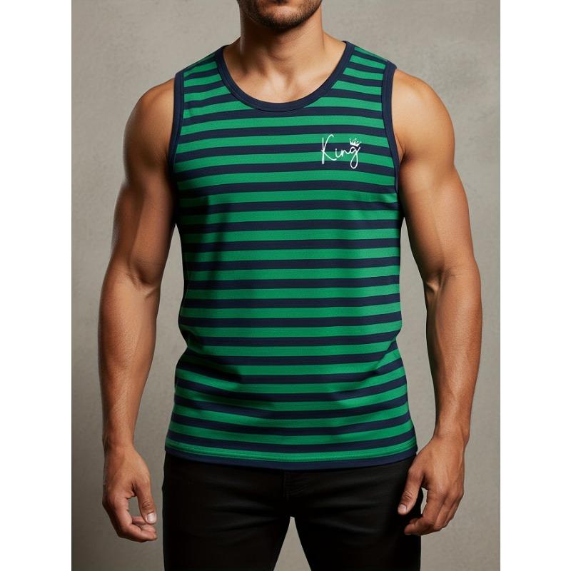 [Striped Tank Top] Stylish Mens Striped Tank Top Green Navy with King Detail Sleeveless Round Neck for Casual Wear Summer S