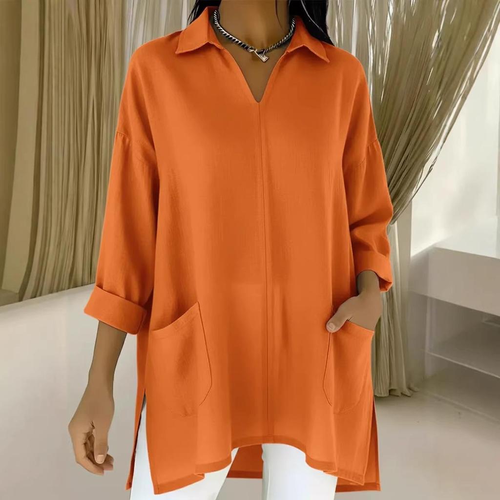 2026 Spring European & American Women's Fashion Solid Color Pocket Shirt Collar Loose Top