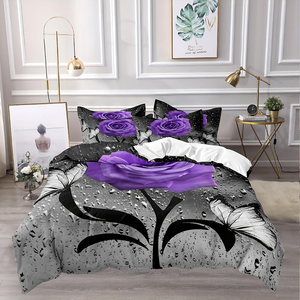 3Pcs Soft And Comfortable Purple Rose Print Duvet Cover Set For Bedroom And Guest Room Includes 1 Duvet Cover And 2 Pillowcases
