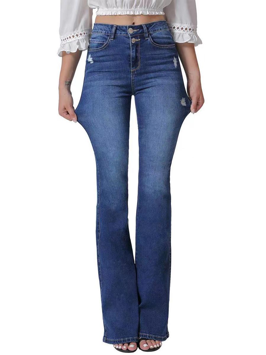 Cross-Border Special: European & American High Elastic High Waist Flare Ripped Jeans S