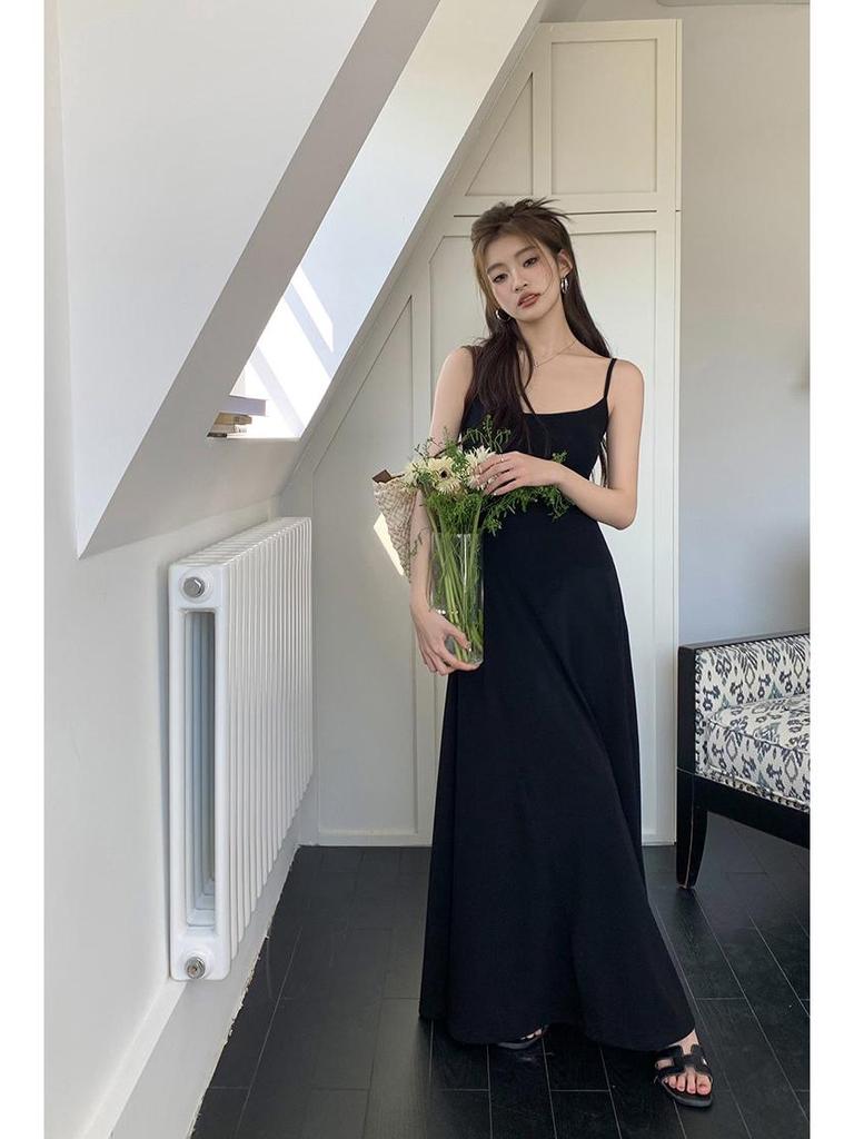 2026 Spring/Summer Black & Grey U-Neck Slim Dress with Spaghetti Straps