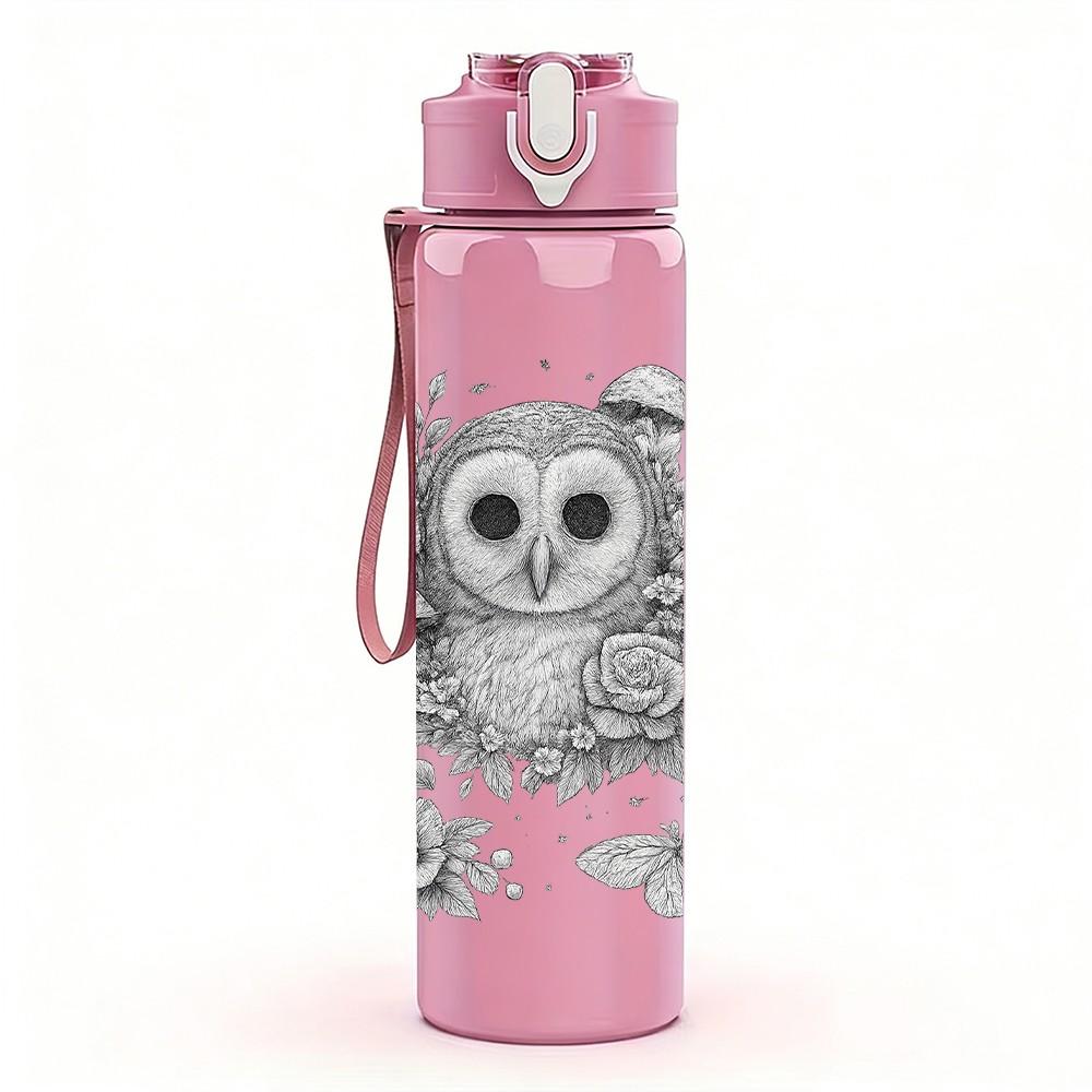 1PC Owl Inside Tree Hollow Sketch Print 750ml Color Plastic Sports Water Bottle Leakproof Flip Straw Lid Suitable for Sports Office Home Use