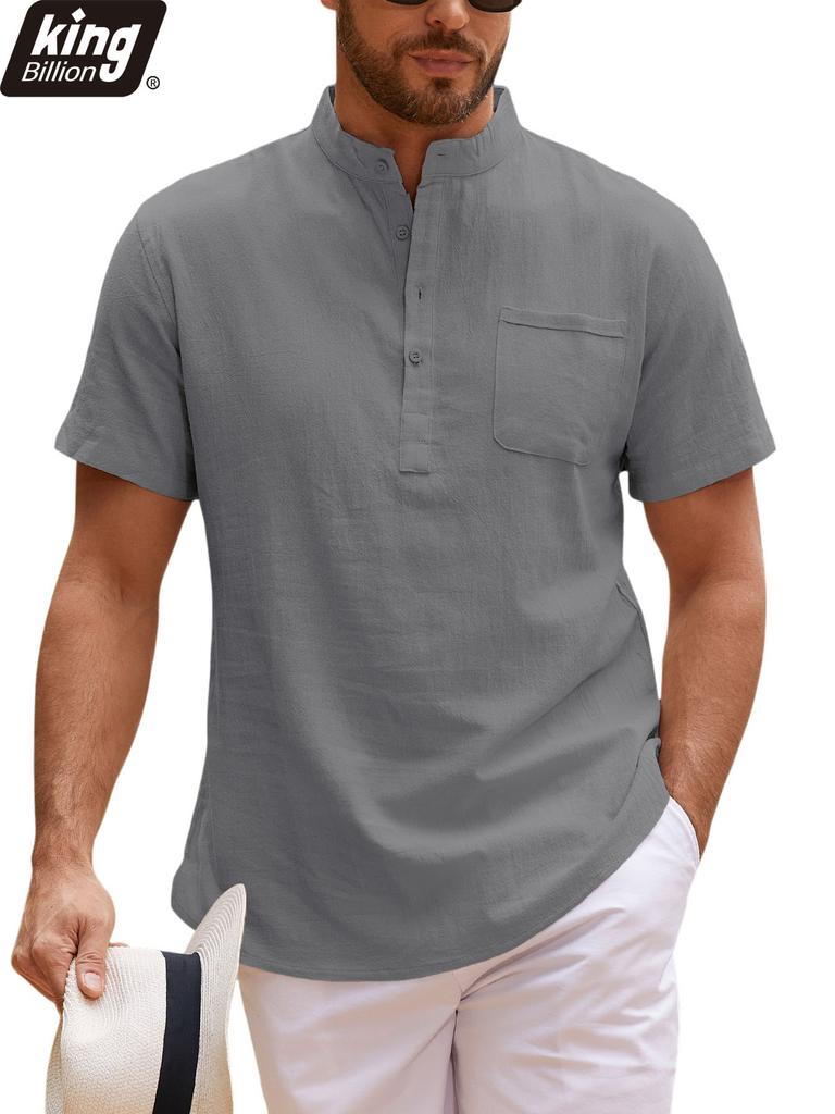 Summer Casual Linen Blend Short Sleeve Shirt for Men - Breathable Mandarin Collar Chest Pocket Lightweight Vacation Tops In Solid Colors